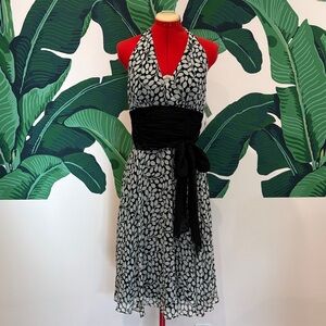 Maggy London Silk Black and White Leaf Print Midi Dress